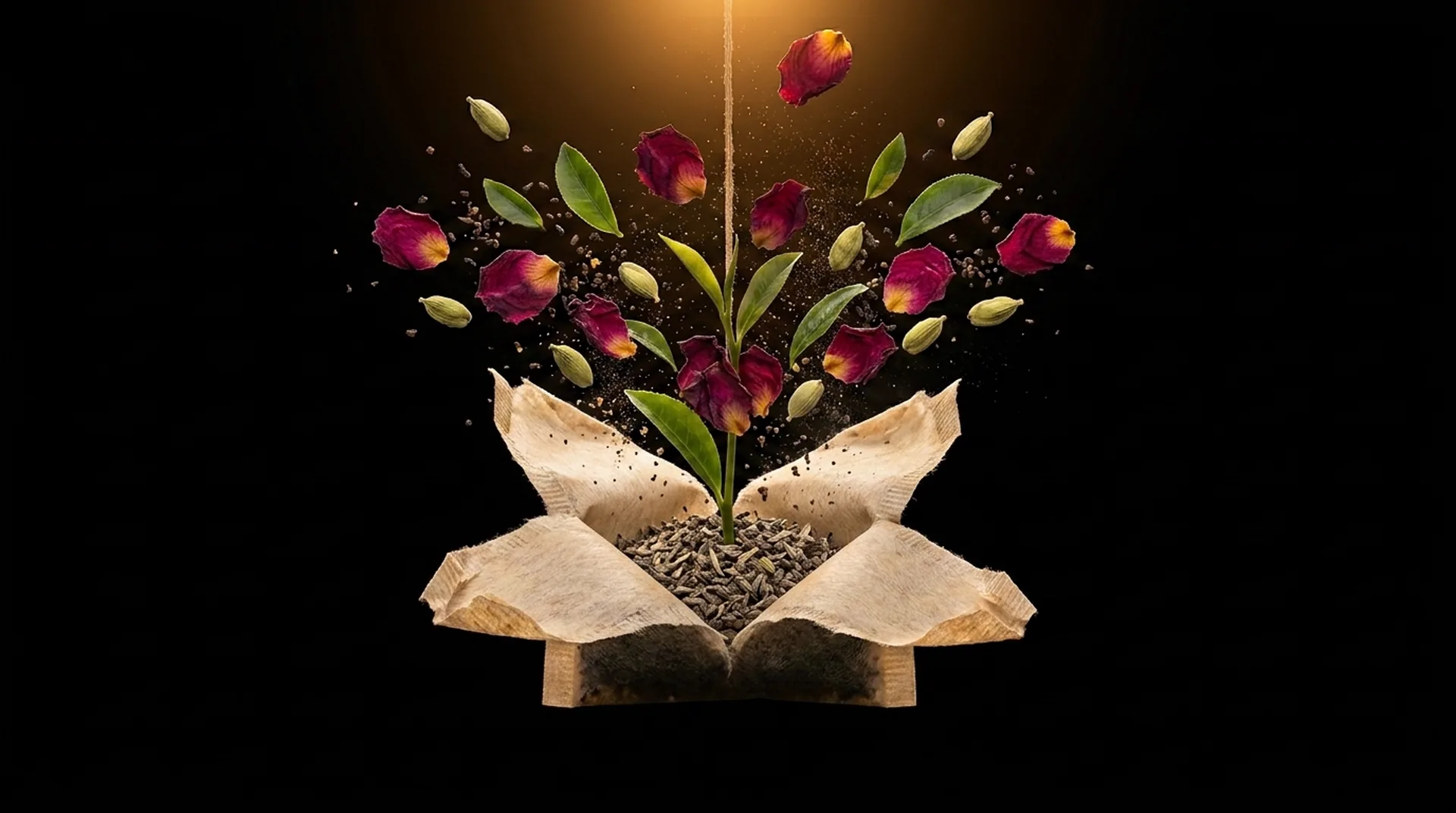 The bag torn open into a paper flower, a tea sprig rising from it