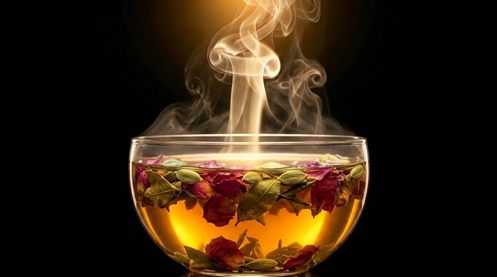 A glass bowl of amber tea, steaming
