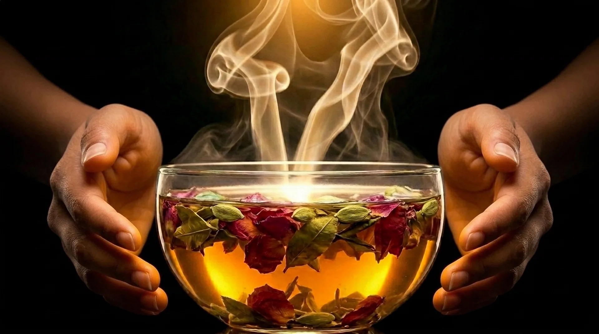 Two hands reaching in around the steaming bowl