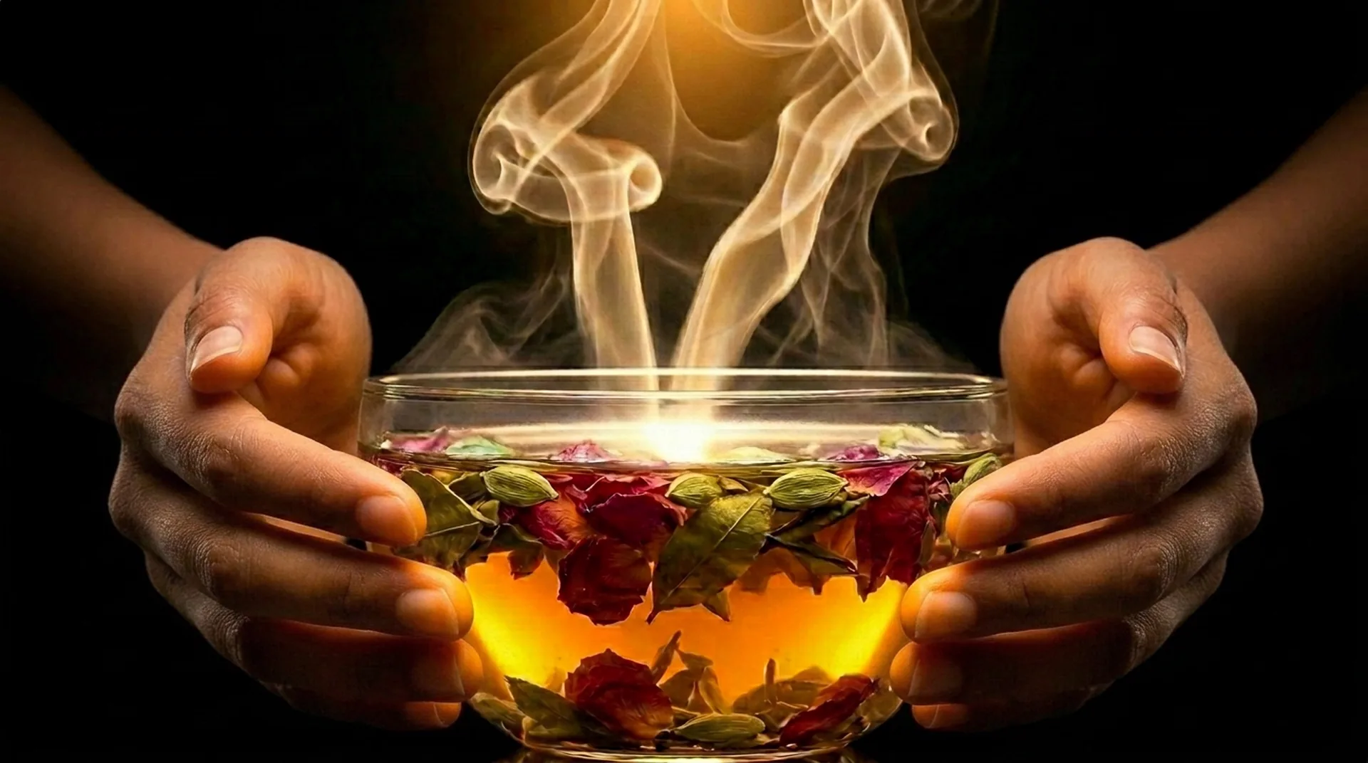 Both hands cradling the glowing bowl of tea