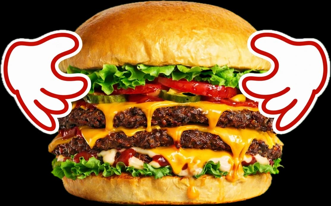 A double cheeseburger held in two hands
