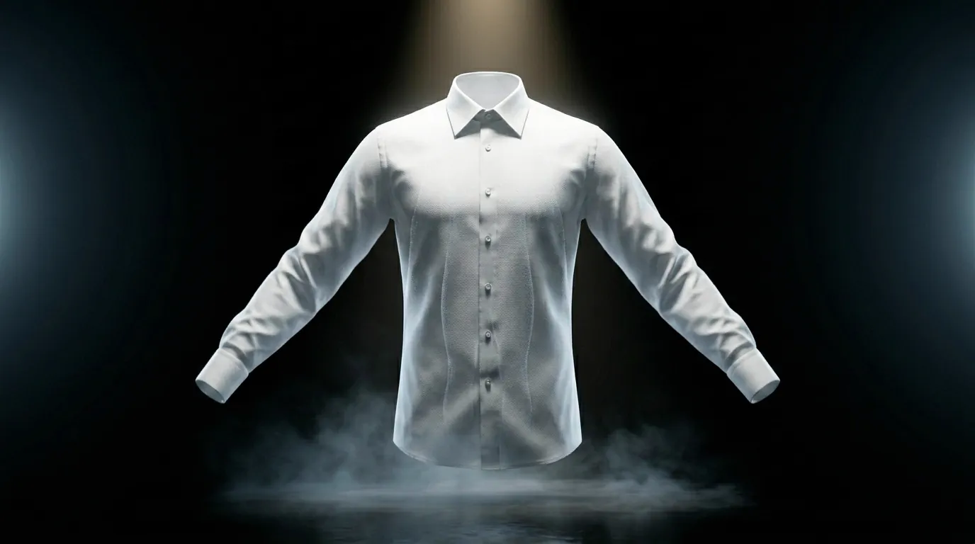 A finished white cotton shirt suspended on the stage