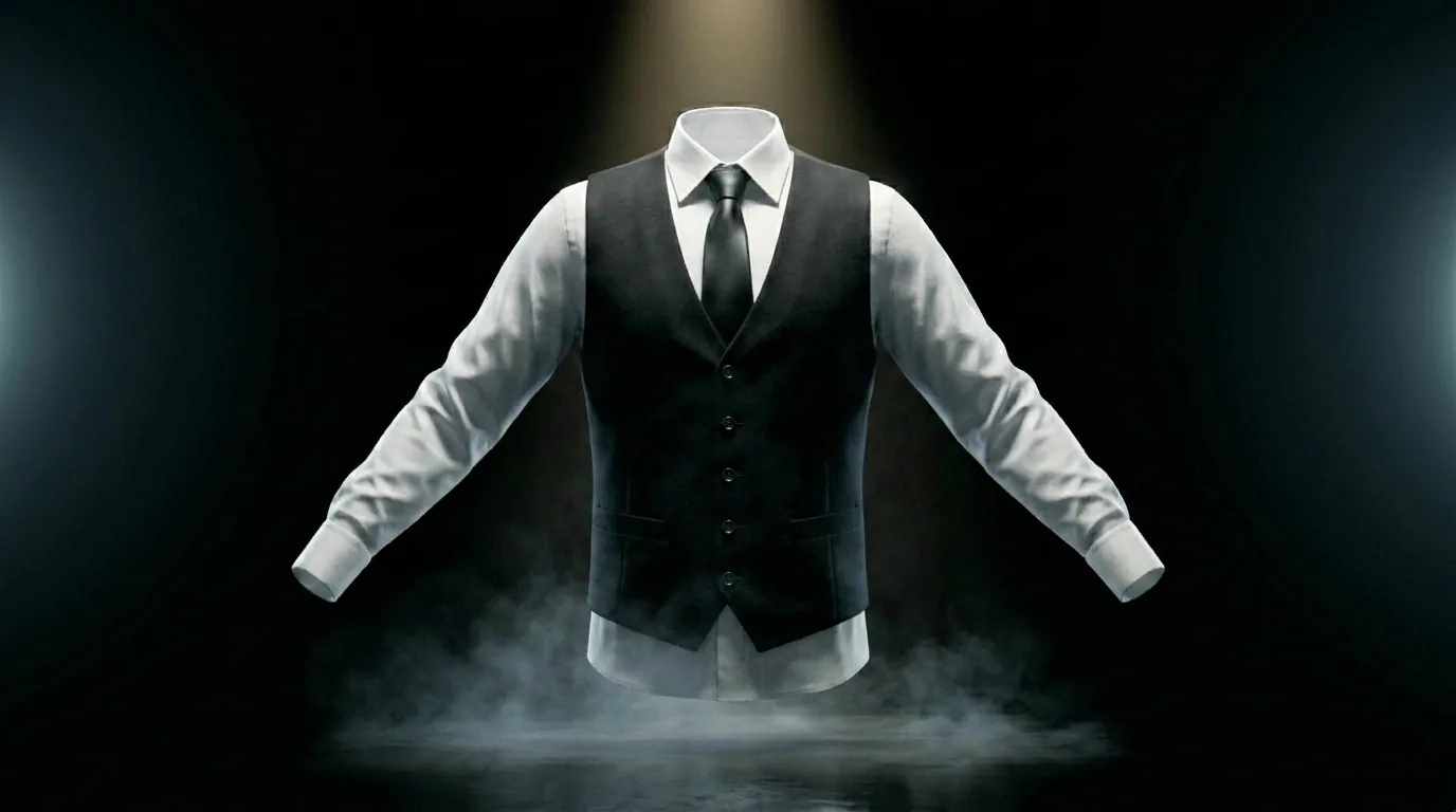 A black waistcoat and silk tie closed over the shirt