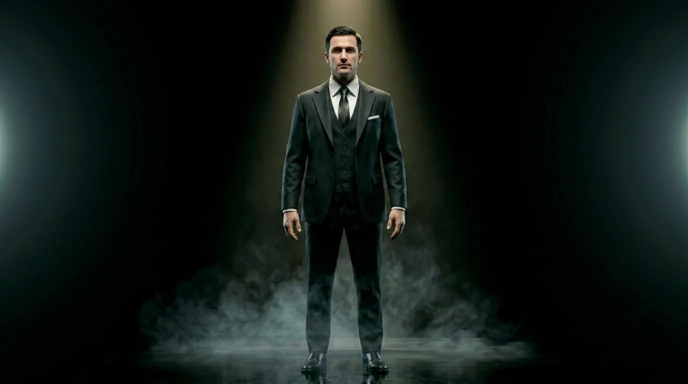 A man wearing the finished three-piece suit