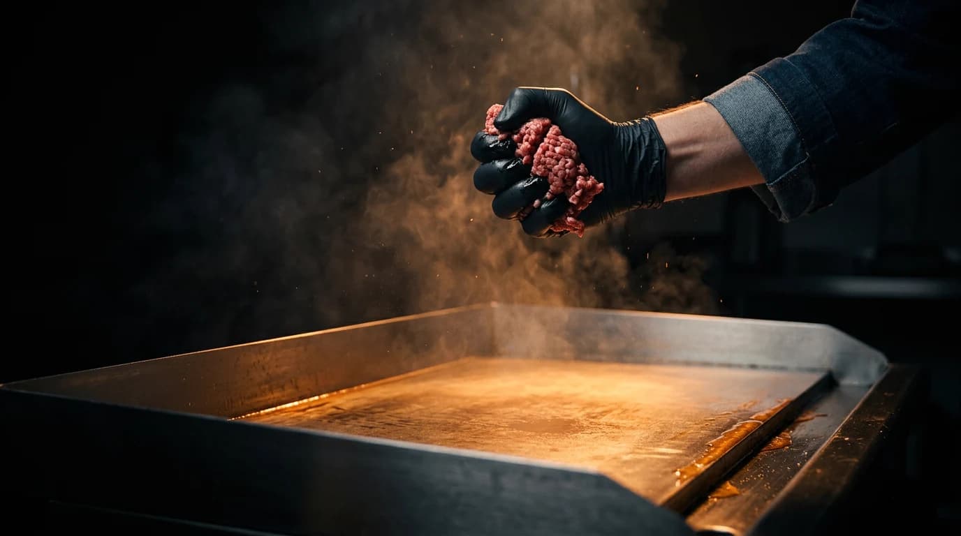 A gloved hand squeezing fresh-ground beef over a searing flat-top griddle