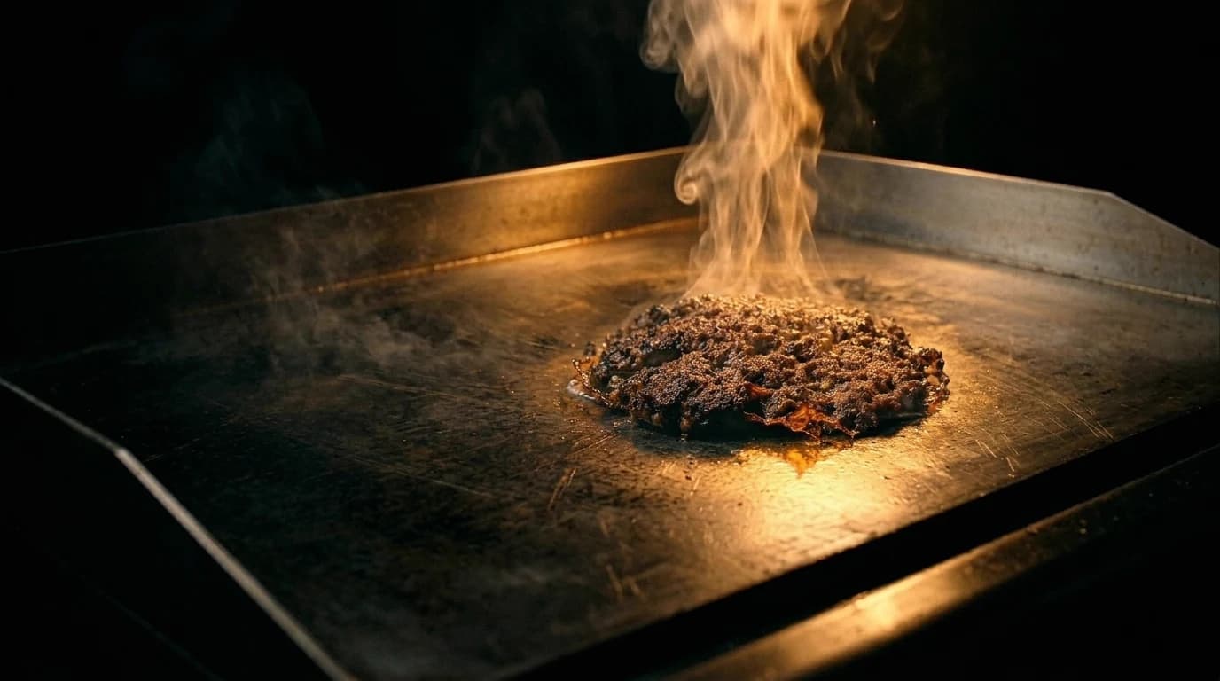 The full width of the flat-top griddle mid-service