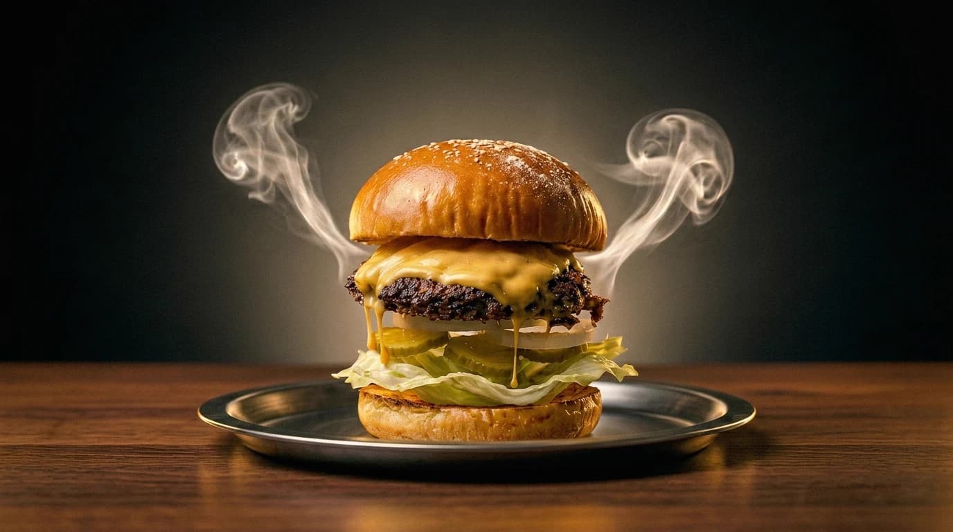 The finished smash burger, steaming on a steel plate