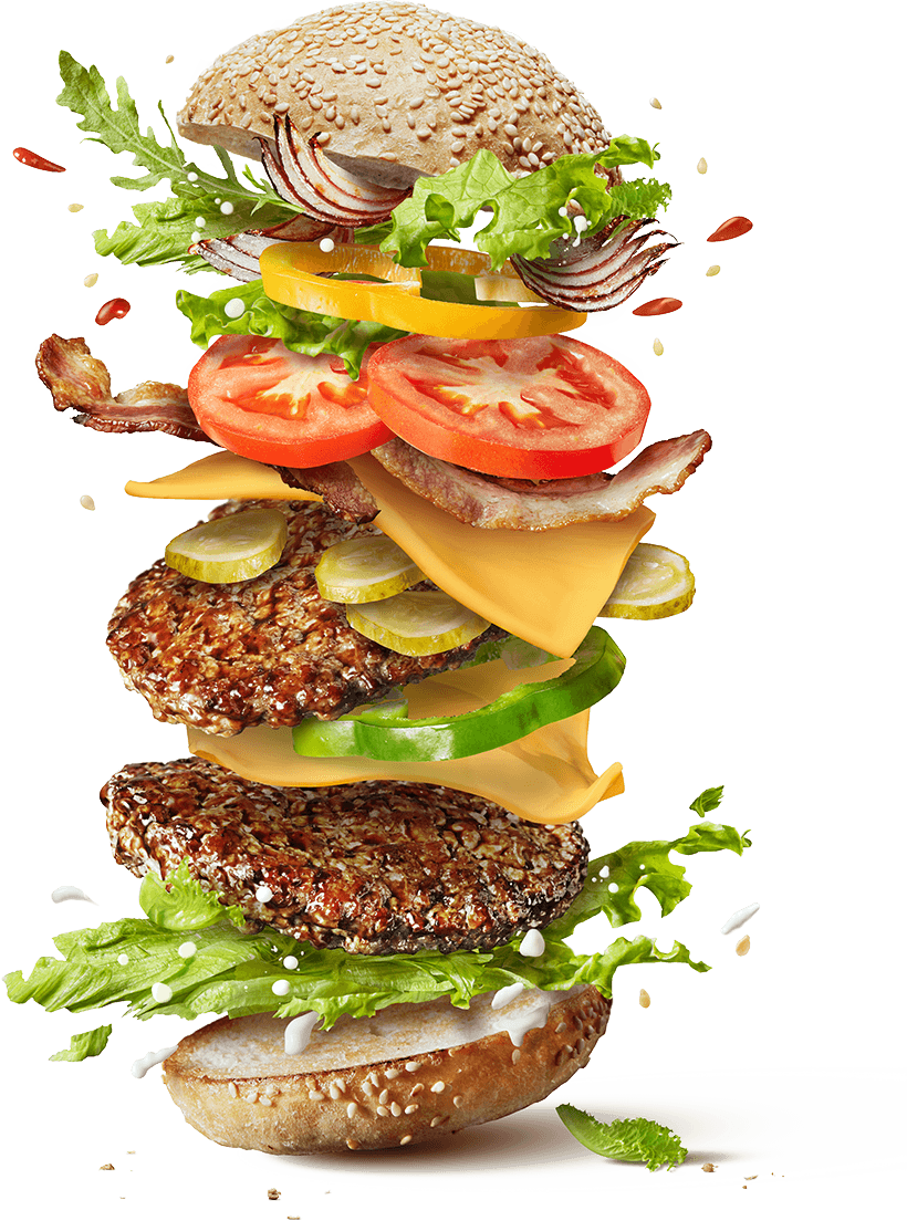 Double burger with the layers falling apart